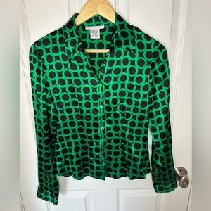 ICE 100% Silk Blouse Womens Size M Geometric Black & Green Luxury Lightweight